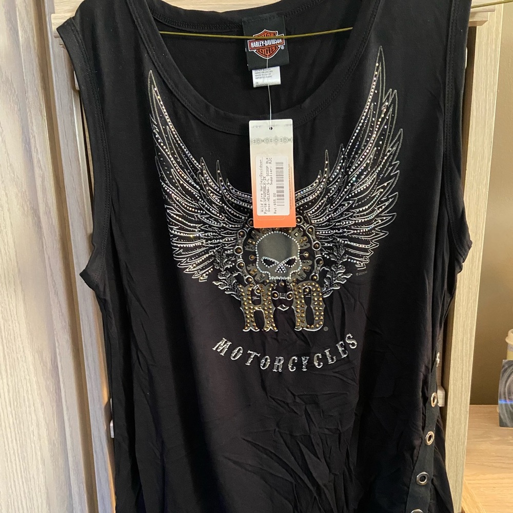 Harley Davidson black , rhinestone covered wings tank shirt with side grommets